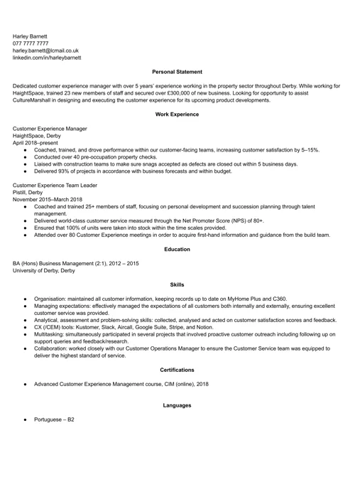 CV sample to add CV to LinkedIn