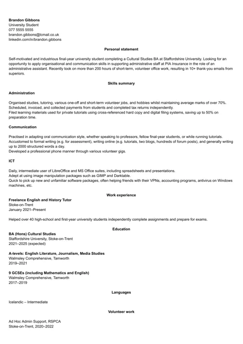 CV example for students with no experience