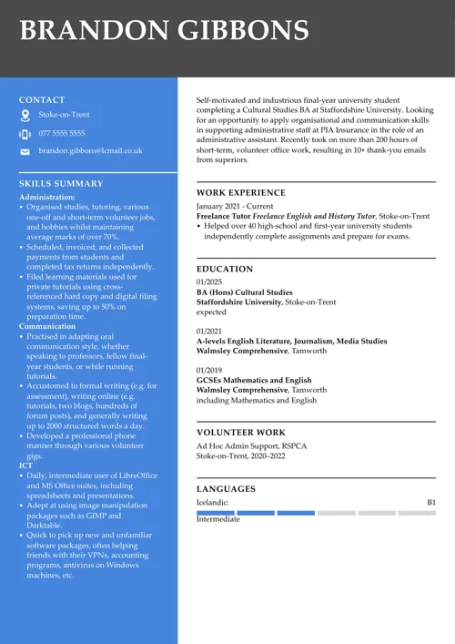 CV example for students with no experience