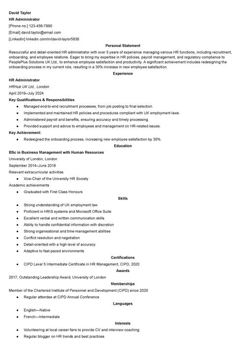 HR administrator CV example