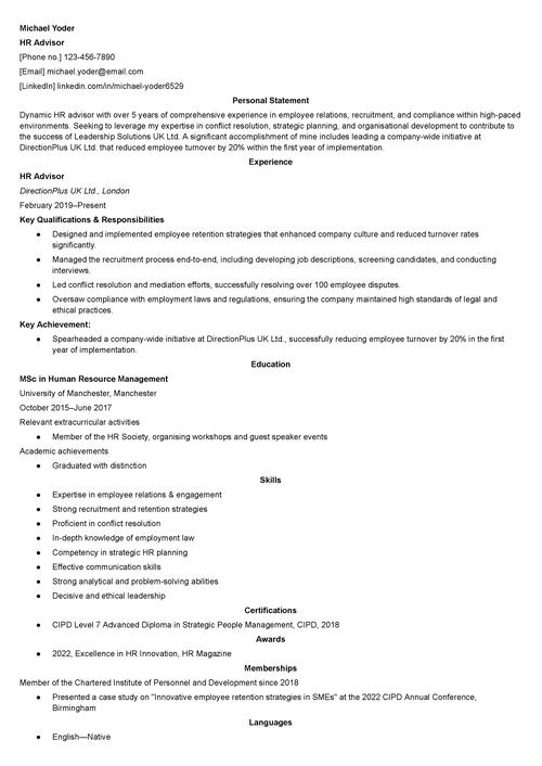 HR advisor CV example