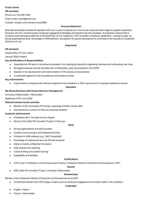 HR assistant CV example