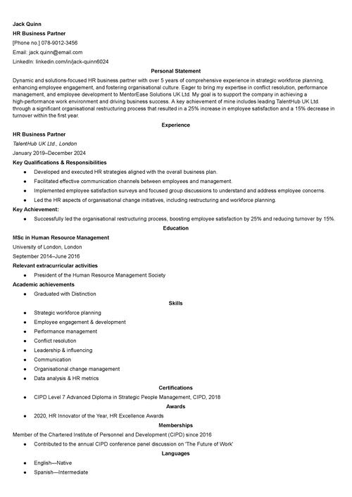 HR business partner CV example