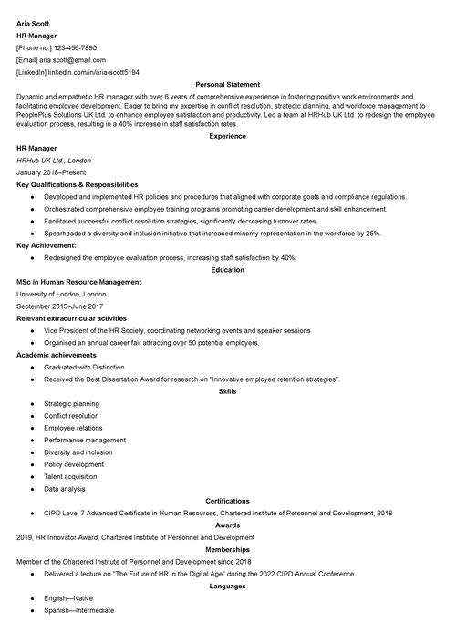 HR manager CV example