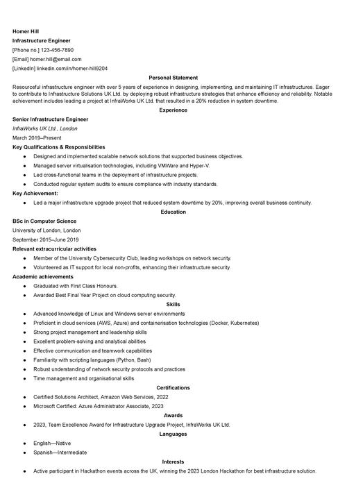 infrastructure engineer CV example