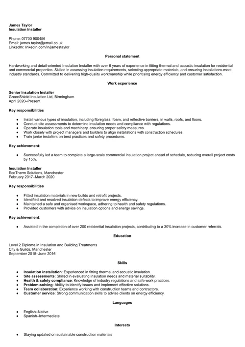 Insulation installer CV example