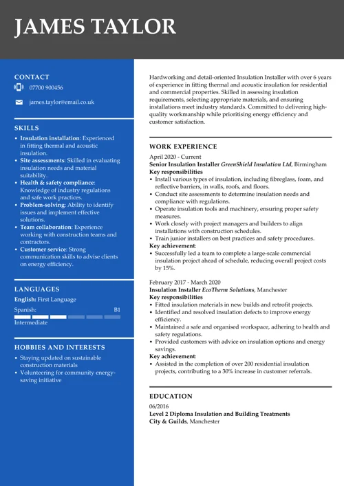 Insulation installer CV example