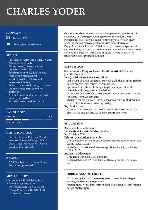 interior design CV example