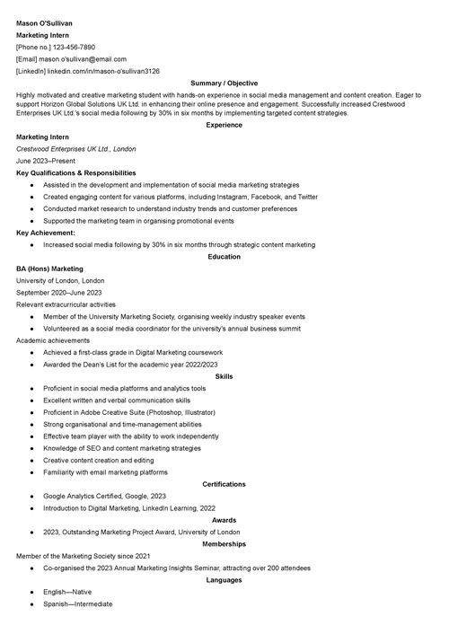  internship CV example