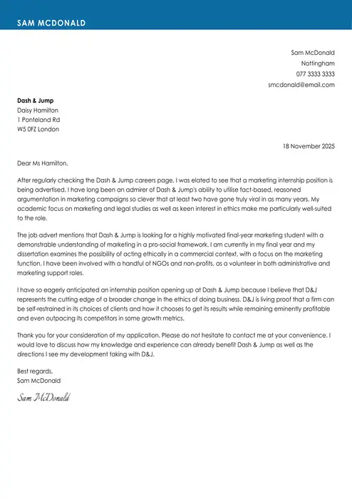 internship cover letter example