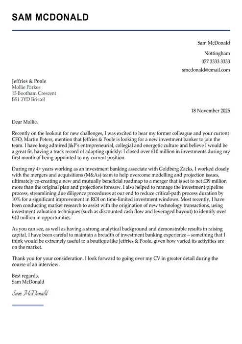 investment banking cover letter example