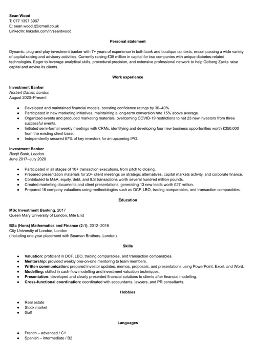 investment banking CV sample