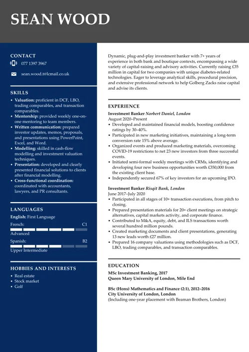 investment banking CV sample