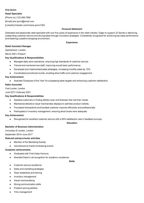 JD Sports CV example