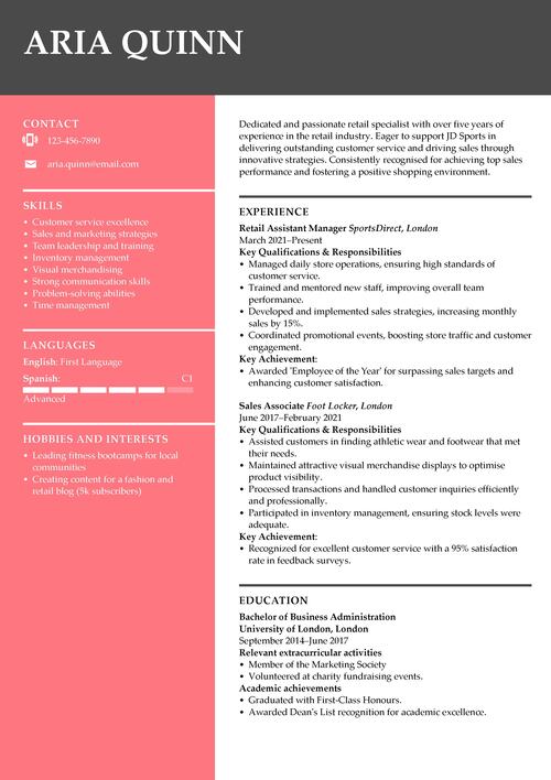 JD Sports CV example