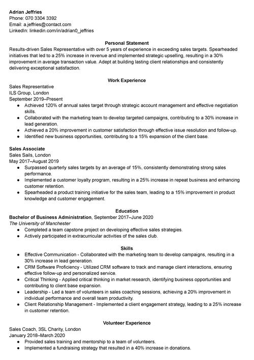 CV Sample With Valuable Job Skills