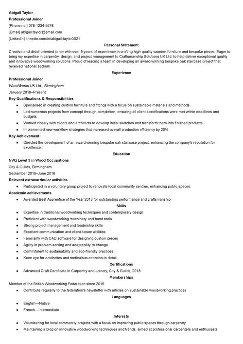 joiner CV example