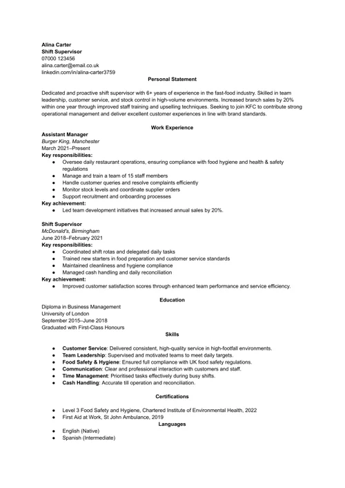 KFC CV example by LiveCareer UK CV builder