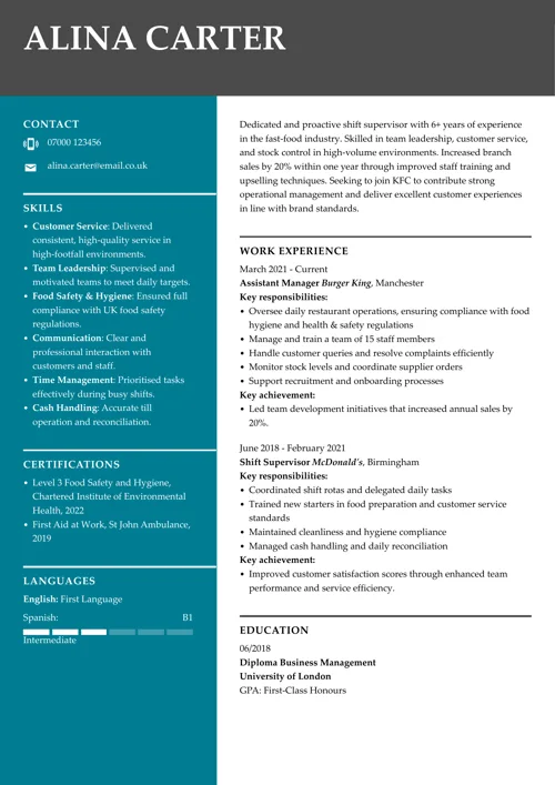 KFC CV example by LiveCareer UK CV builder