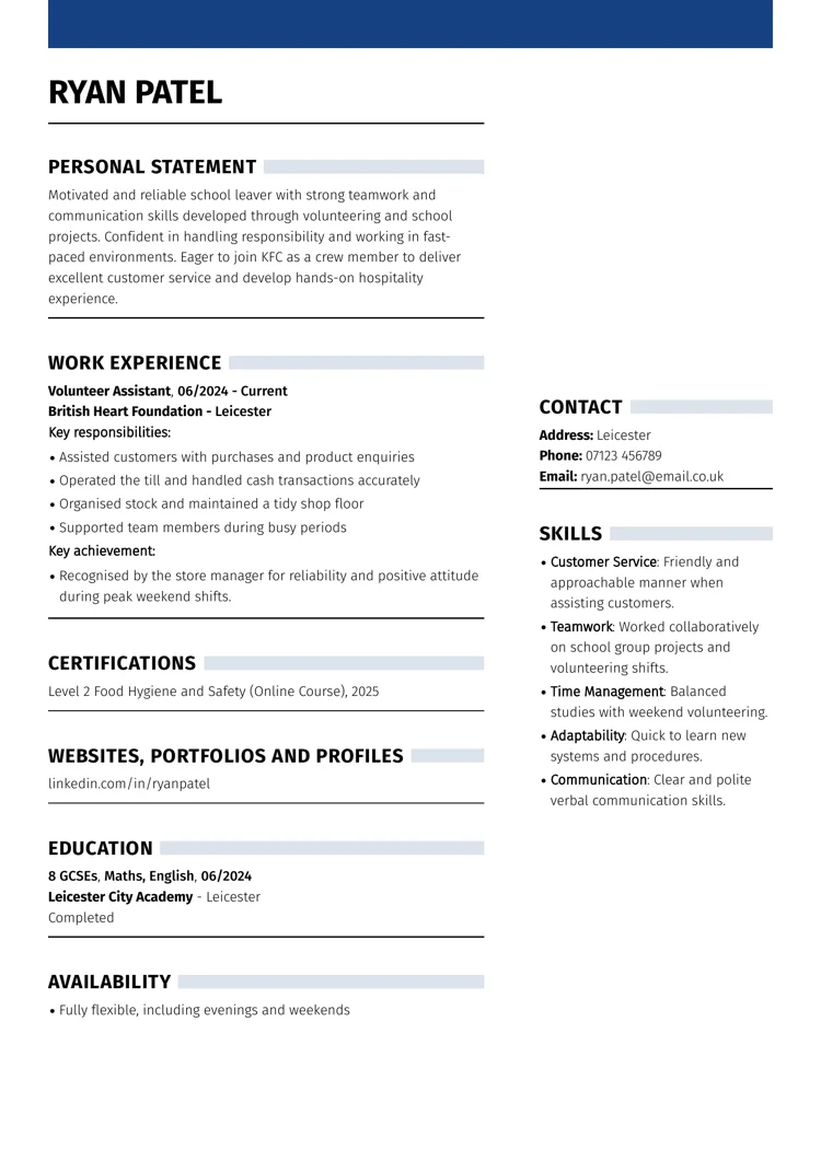 KFC CV example with no experience by LiveCareer UK CV builder