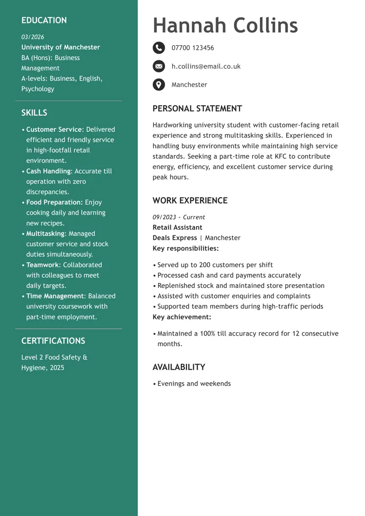 KFC CV example for part-time student role by LiveCareer UK CV builder