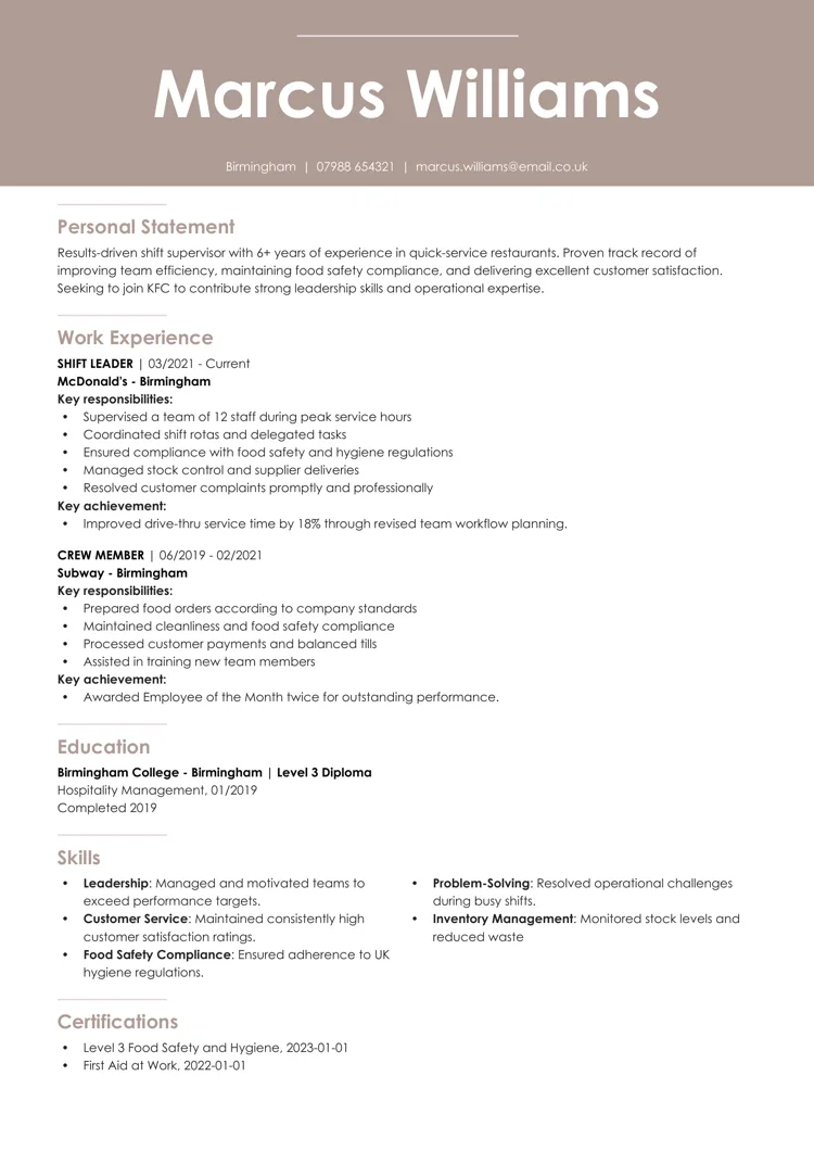 KFC CV example for shift supervisor by LiveCareer UK CV builder