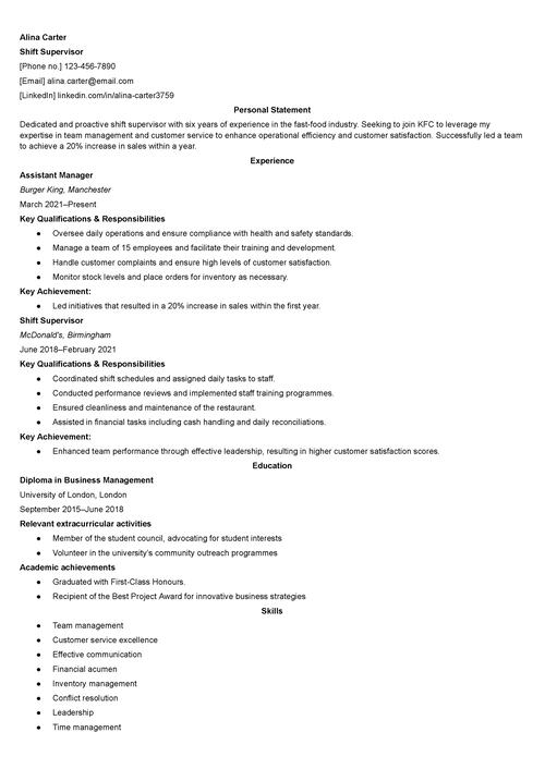 KFC CV example