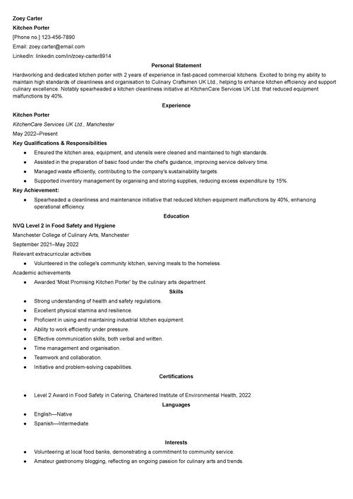 kitchen porter CV example