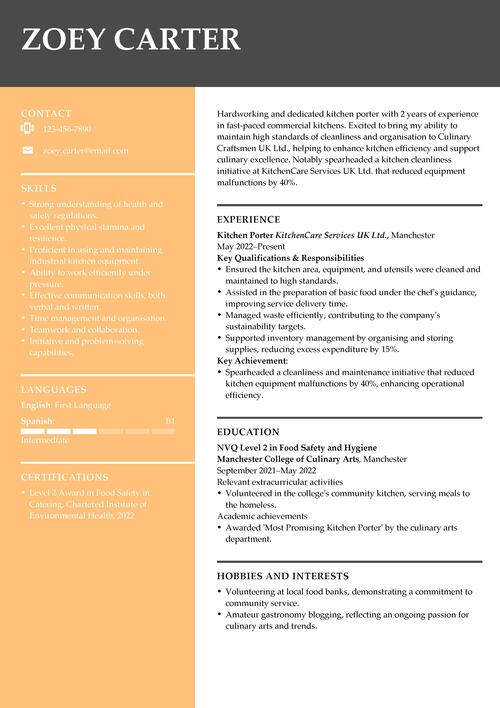 kitchen porter CV example