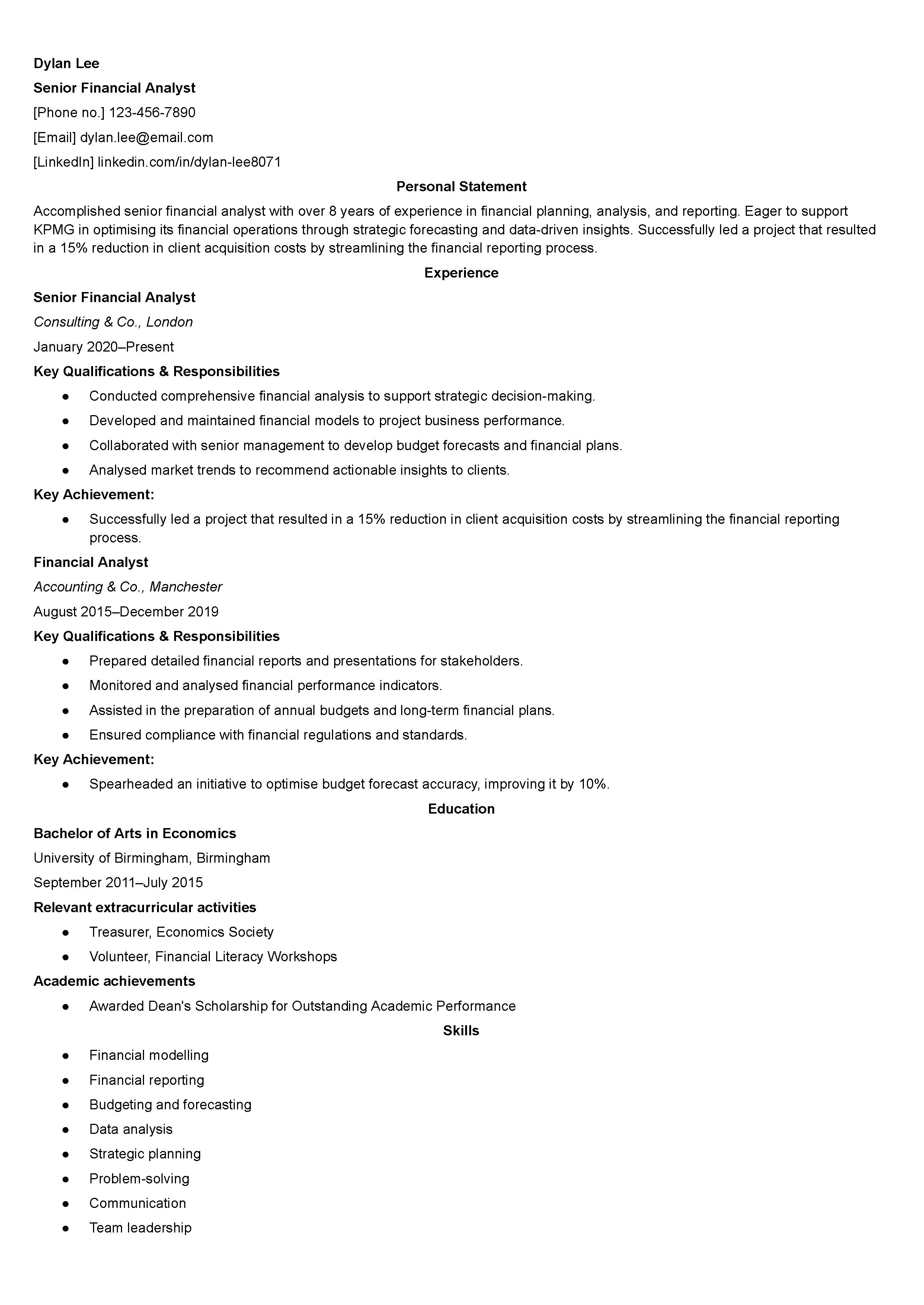 KPMG CV example