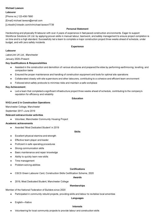 Labourer CV example