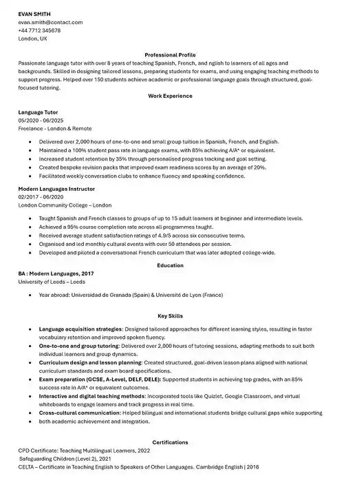 CV sample with a CV language levels section