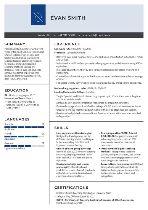 CV sample with a CV language levels section