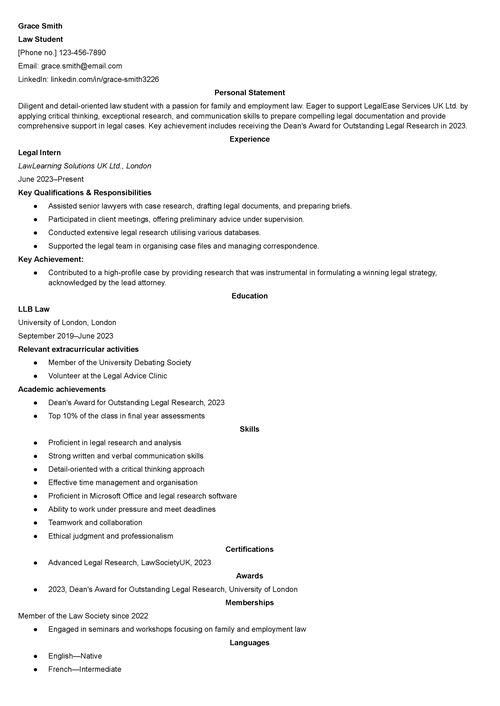 Law student CV example