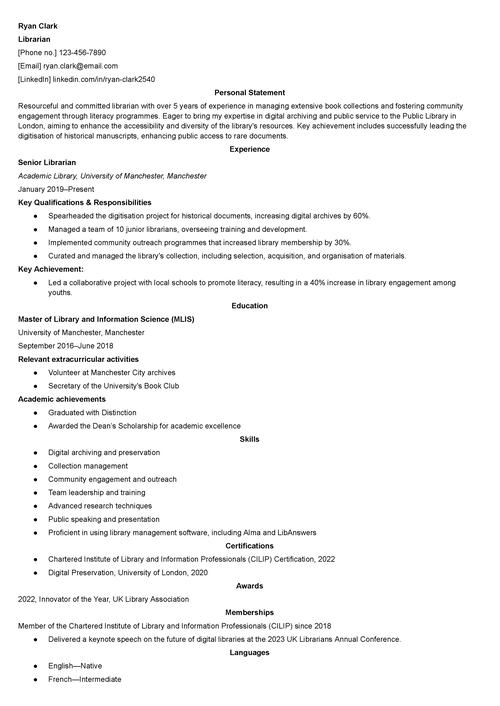 librarian CV example