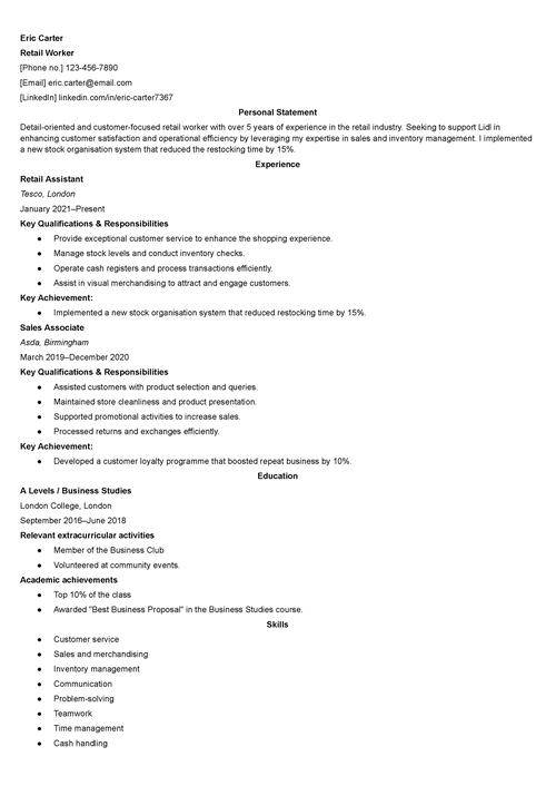 Lidl CV example