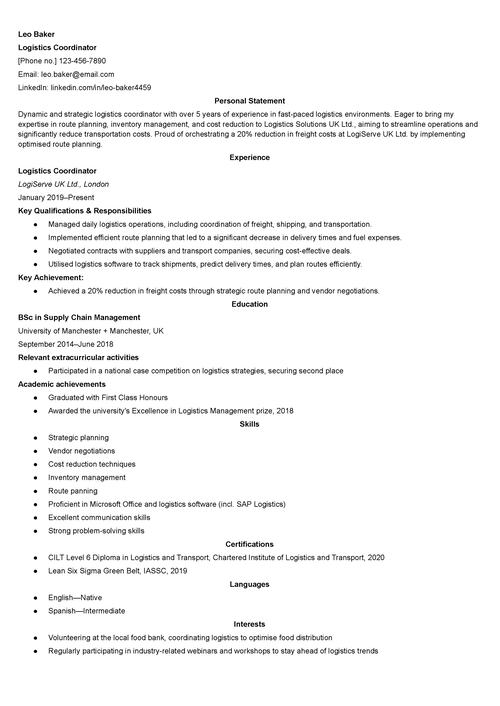 logistics coordinator CV example