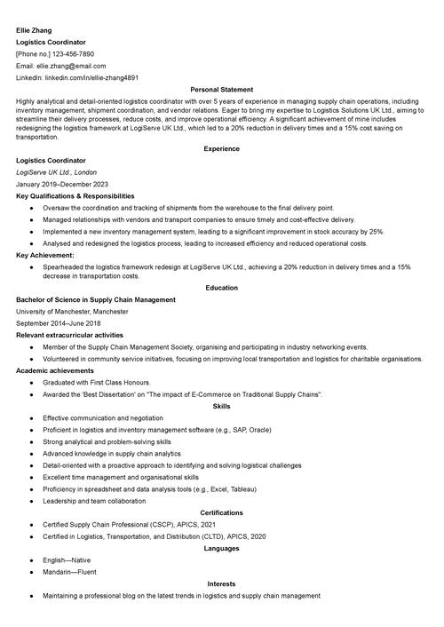 logistics CV example