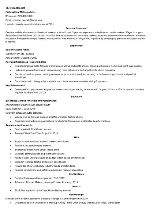 makeup artist CV example