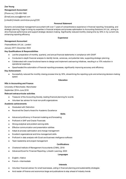 management accountant CV example