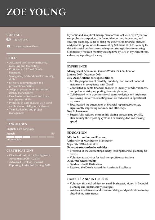 management accountant CV example