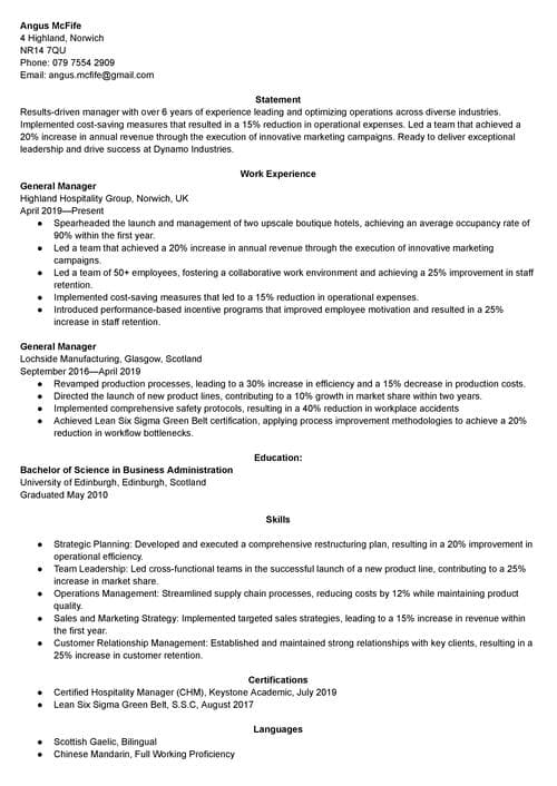 Manager CV example