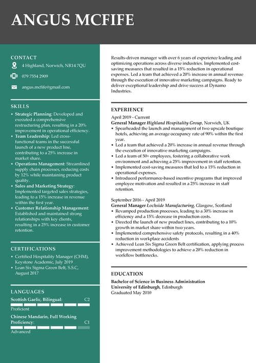 Manager CV example