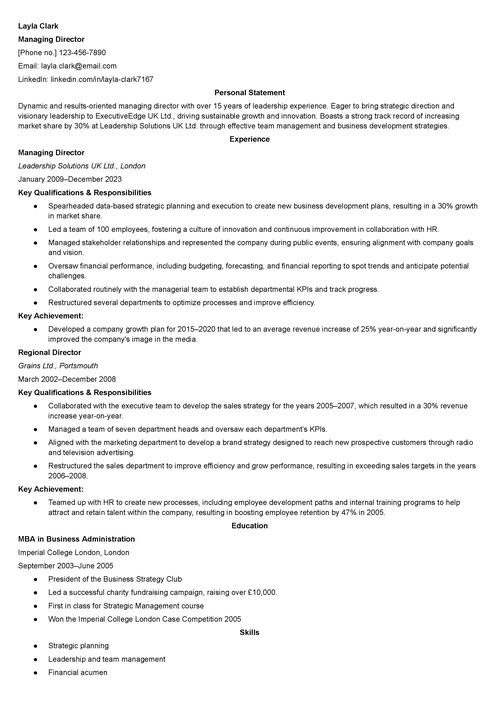 managing director CV example