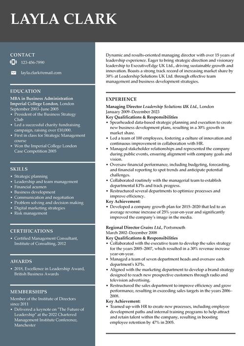 managing director CV example