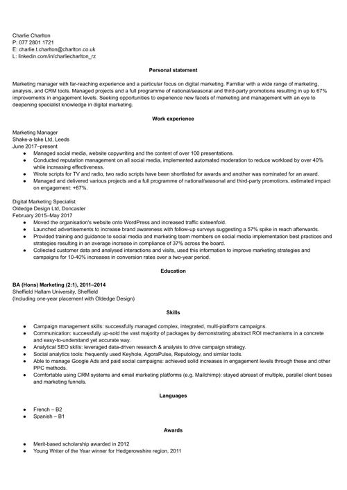 Marketing CV example