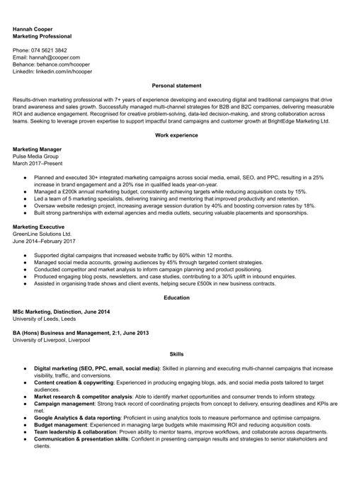 CV sample with marketing skills