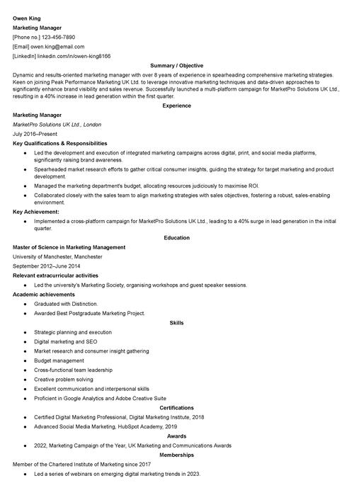 Marketing manager CV sample