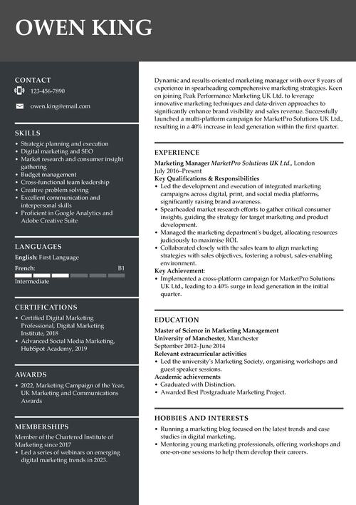 Marketing manager CV sample