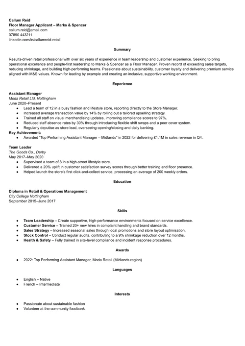Marks & Spencer CV example